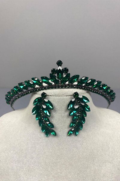 Hayalperest boncuk Coroană de henna de mireasă verde Ece și cercei cu piatră de frunze