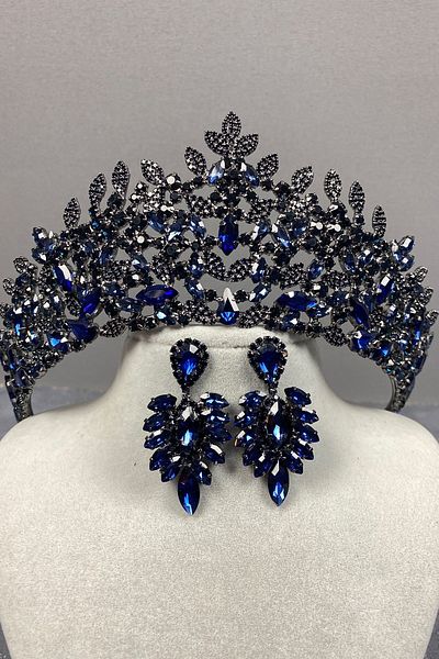 Hayalperest boncuk Navy Blue Oscar Bridal Henna Crown and Evening Dress Earring Set
