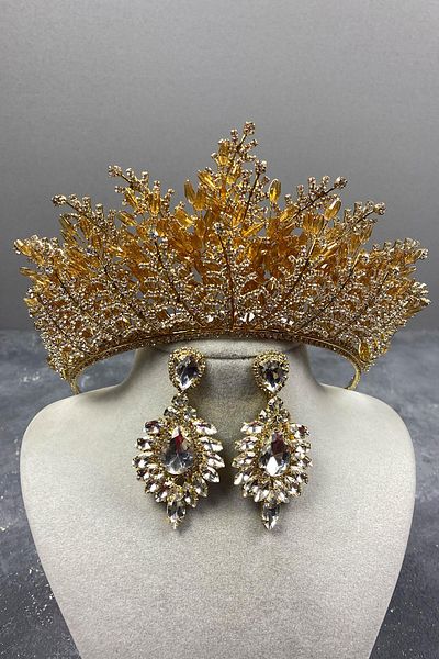 Hayalperest boncuk Transparent Honey-colored Nairobi Bead Embroidered Bridal Henna Crown and Earring Set