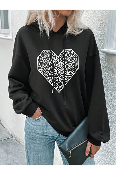 donamod Seria Coke Leopard & Heart Print Drop Shoulder Drawstring Hoodie