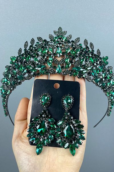 Hayalperest boncuk Green Oscar Bridal Henna Crown and Shuttle Earring Set