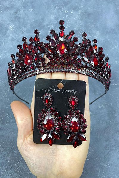 Hayalperest boncuk Coroană de mireasă cu henna și cercei cu model Rio Stone Burgundy