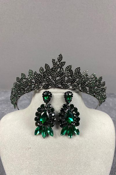 Hayalperest boncuk Green Sara Stretchy Jewelled Bridal Henna Crown and Earring