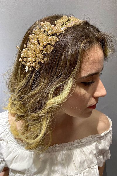Hayalperest boncuk Accesoriu pentru păr și turban cu mărgele Leaf Model - Honey Color