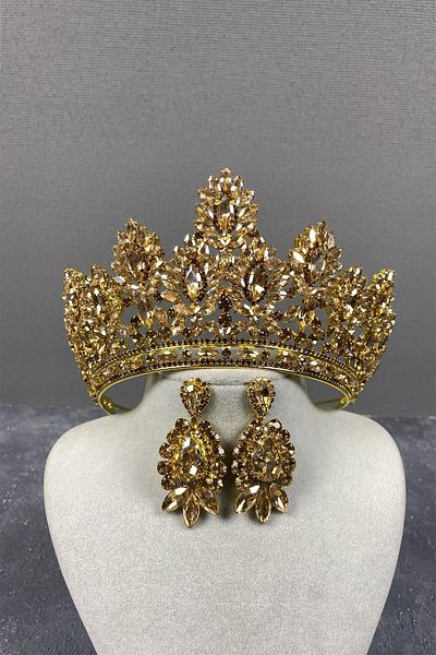 Hayalperest boncuk Coroană și cercei cu henna de mireasă înaltă Godiva de culoarea mierei