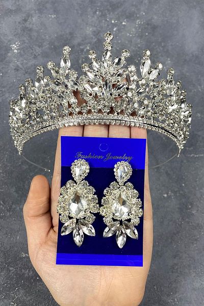Hayalperest boncuk Coroană de mireasă din piatră Rio argintie și cercei cu model de navetă