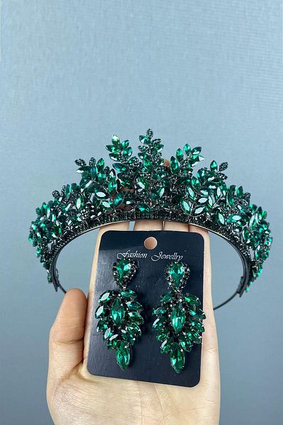 Hayalperest boncuk Green Ezel 3D Bridal Henna Crown and Shuttle Earring Set