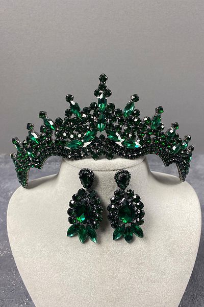 Hayalperest boncuk Green Tokyo Stoned Bridal Henna Crown and Shuttle Earrings