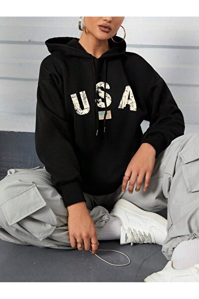 donamod Seria Coke Letter Graphic Drop Shoulder Drawstring Hoodie