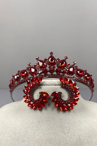 Hayalperest boncuk Red Ade Bridal Henna Crown and Round Jewelled Earring Set