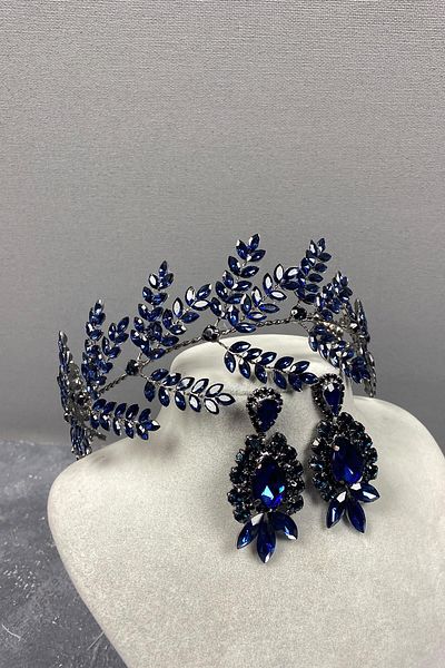 Hayalperest boncuk Accesoriu de păr de mireasă cu ramuri de frunze Dilana bleumarin și cercei de seară