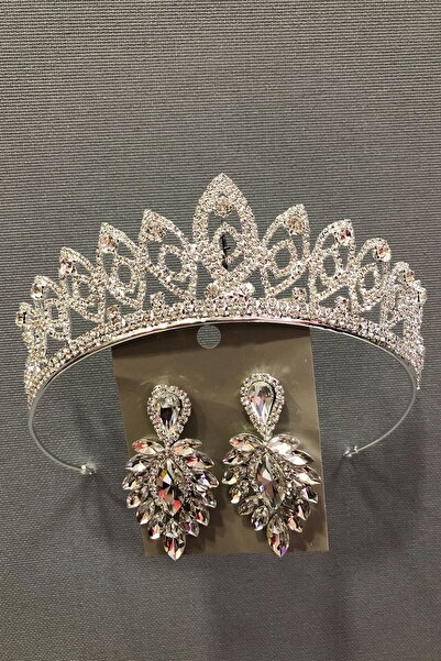 Hayalperest boncuk Set de coroană și cercei de mireasă Yaren de culoare argintie