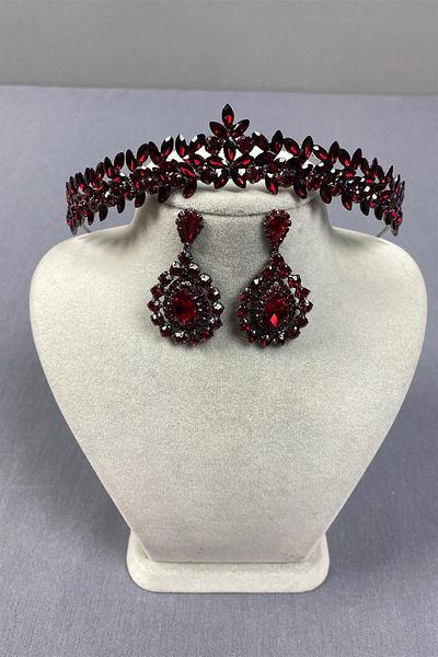 Hayalperest boncuk Coroană și cercei cu picătură Vera Bride Henna, subțire, elegantă, roșu Claret