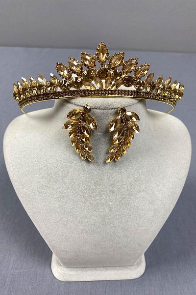 Hayalperest boncuk Σετ σκουλαρίκια με χρώμα μέλι Leyn Bridal Henna Crown and Leaf Stone