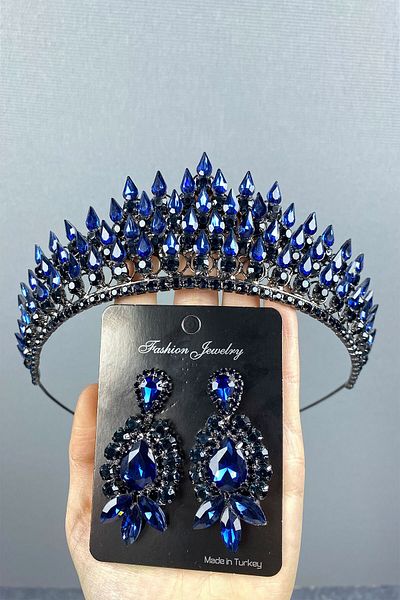 Hayalperest boncuk Set de cercei pentru rochie de seară și coroană de mireasă tridimensională Drop bleumarin