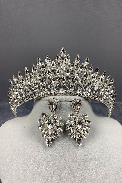 Hayalperest boncuk Set de coroană de mireasă 3D și cercei cu navetă Silver Drop