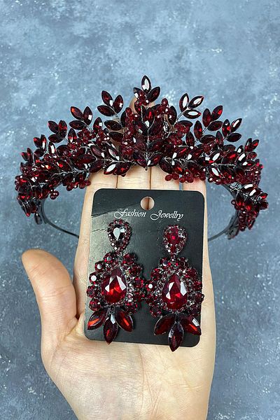 Hayalperest boncuk Set de cercei de mireasă cu coroană și piatră de henna brodate cu mărgele Asleny Burgundy