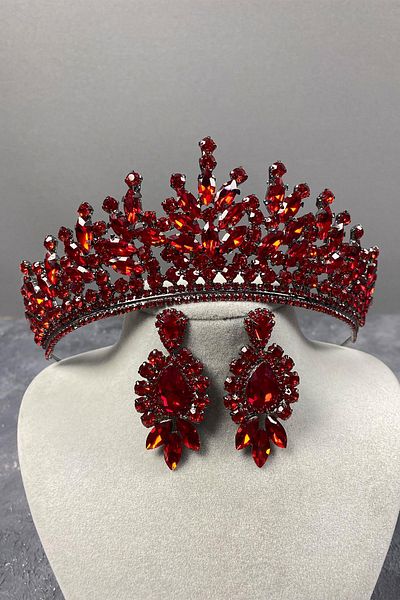 Hayalperest boncuk Coroană de mireasă cu henna și cercei cu model Rio Stone roșu