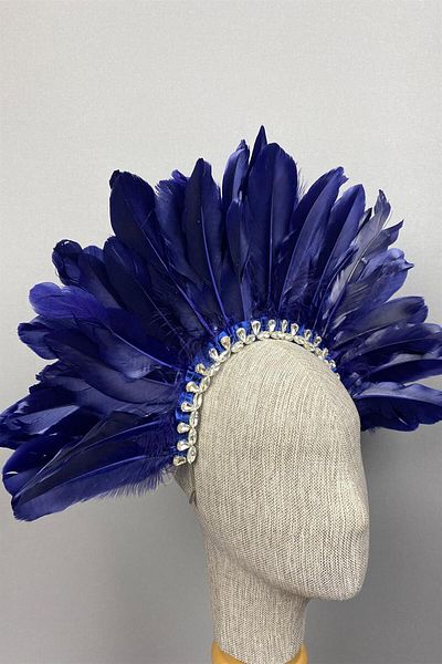 Hayalperest boncuk Navy Blue Dali Feathered Stone Bridal Henna Crown Accessory