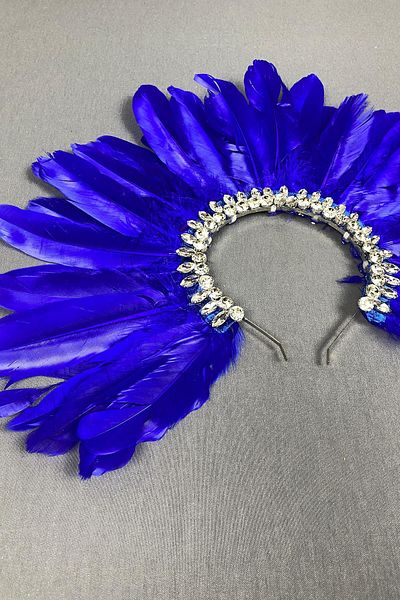 Hayalperest boncuk Saks Blue Bridal Henna Crown - Dali Feather and Stone Detailed Accessory