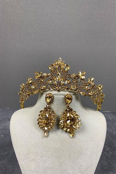 Hayalperest boncuk Coroană de henna Melis de mireasă de culoare miere și cercei cu pietre
