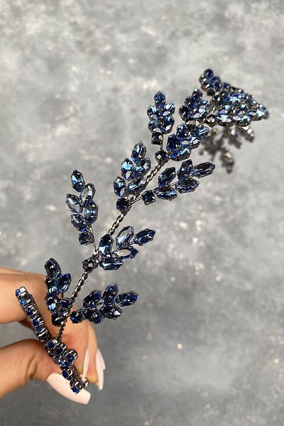 Hayalperest boncuk Accesoriu pentru păr cu coroană de henna de mireasă cu frunze de beril bleumarin