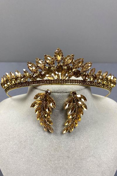 Hayalperest boncuk Σετ σκουλαρίκια με χρώμα μέλι Leyn Bridal Henna Crown and Leaf Stone