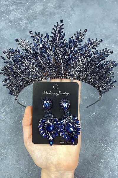 Hayalperest boncuk Navy Blue Nairobi Bead Embroidered Bridal Henna Crown and Earring Set