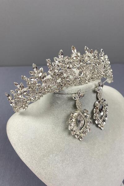 Hayalperest boncuk Silver Belur Bridal Crown and Drop Earring Set