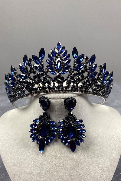 Hayalperest boncuk Navy Blue Danver Stoned Bridal Henna Crown and Earring Set