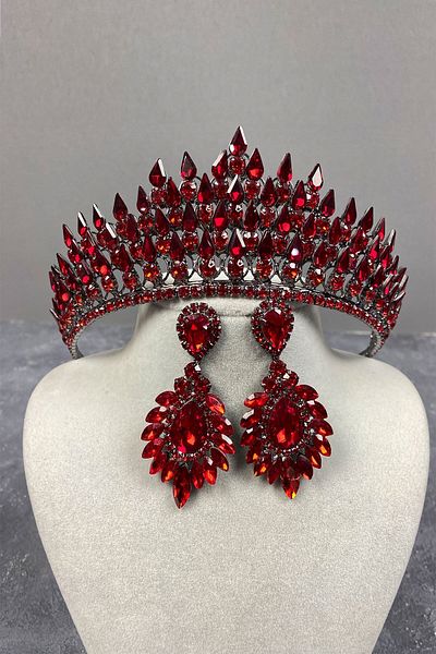 Hayalperest boncuk Set de coroană și cercei cu henna de mireasă tridimensională Red Drop