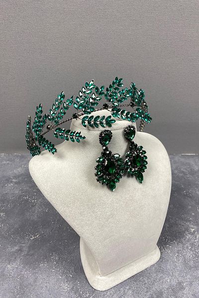 Hayalperest boncuk Accesoriu pentru păr de mireasă cu ramuri de frunze de Dilana verde și cercei cu pietre