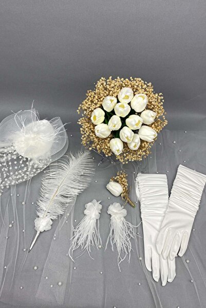 Hayalperest boncuk Islak Laleli Cipsolu Gelin Çiçeği,Nikah Şapkası ve Gelin Eldiveni Seti
