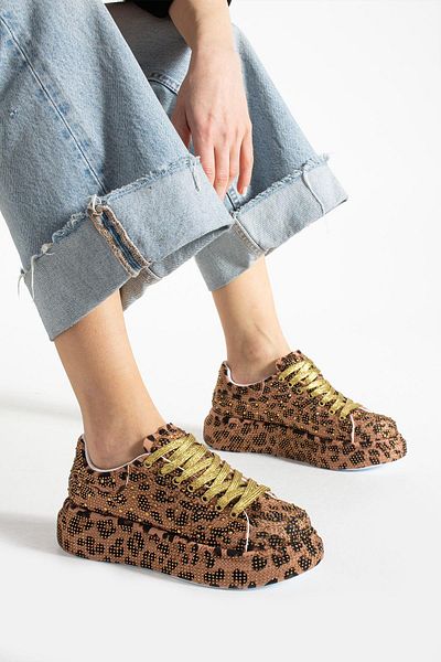 diclepolat Pantofi sport de damă cu model de piatră maro și leopard - talpă groasă
