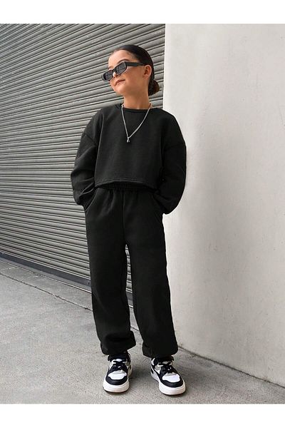 meren like your style Black Female Child Sweatshirt Short Round Neck Set