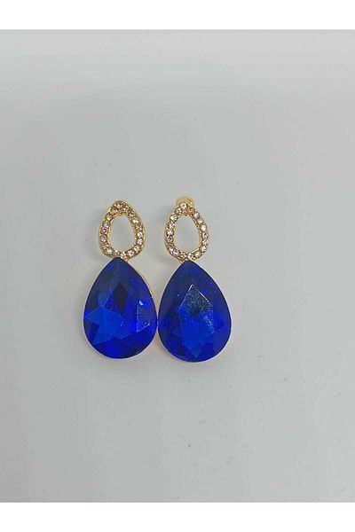 mos&more Navy Blue Stone Drop Gold Women's Earrings