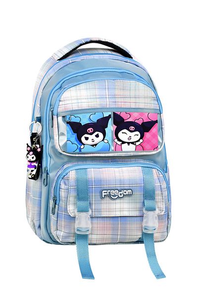 shopshop Rucsac de școală din țesătură impermeabilă în carouri cu caracter Kuromi și cadou breloc