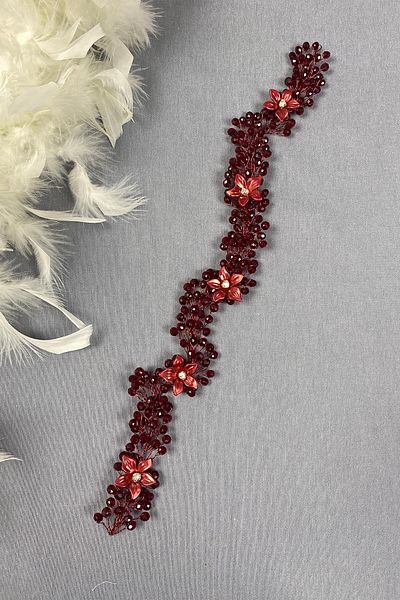 Hayalperest boncuk Burgundy Jewelled Crystal Beaded Bridal Hair and Turban Accessory - Floral Pattern