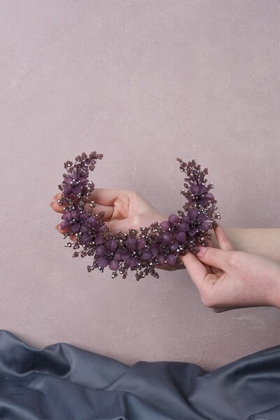 Hayalperest boncuk Mürdüm Nida Çiçek Mineli Gelin Tacı Saç ve Türban Aksesuarı