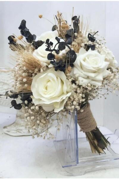 Hayalperest boncuk Gelin Buketi Okaliptus ve Krem Cipsolu Tasarım