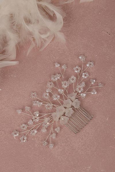 Hayalperest boncuk Bridal Hair Accessory - Transparent Flower Bead and Comb Barrette
