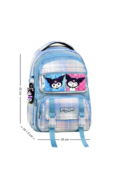 shopshop Rucsac de școală din țesătură impermeabilă în carouri cu caracter Kuromi și cadou breloc