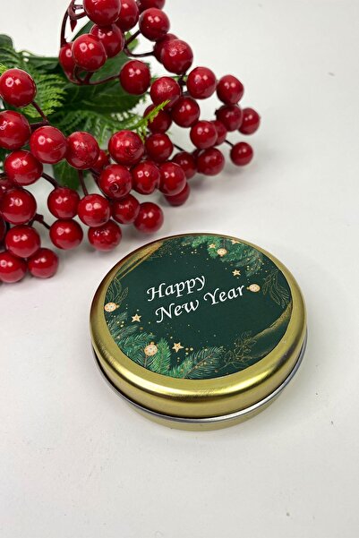 Hayalperest boncuk Yuvarlak Gold Teneke Mum Yeşil Happy New Year Baskılı