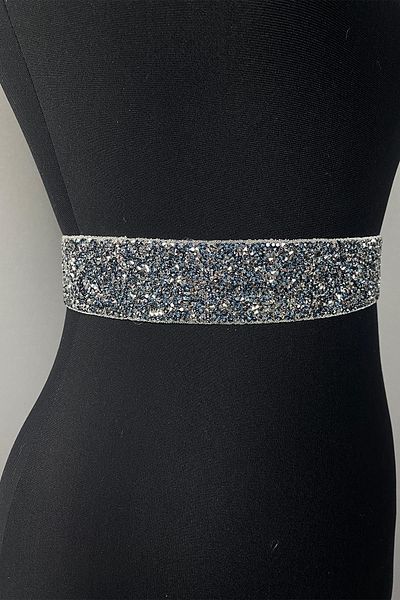 Hayalperest boncuk Navy Blue Stoned Bead Embroidered Evening Dress - Waist Belt