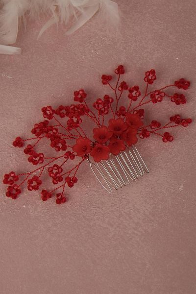 Hayalperest boncuk Bridal Hair Accessory - Red Flower Beaded Comb Barrette
