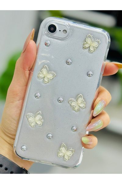 Go Aksesuar حافظة سيليكون متوافقة مع هاتف Iphone 7 - 8 - Se 2020 - Se 2022 بتصميم لعبة الفراشة اللؤلؤية