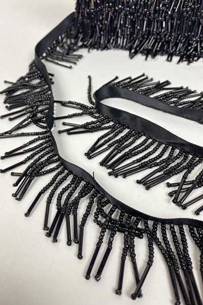 Hayalperest boncuk Siyah Boru Ve Kum Boncuk İşlemeli Saçak Şerit