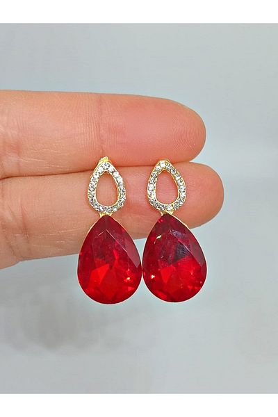 mos&more Red Stone Drop Gold Women Earrings