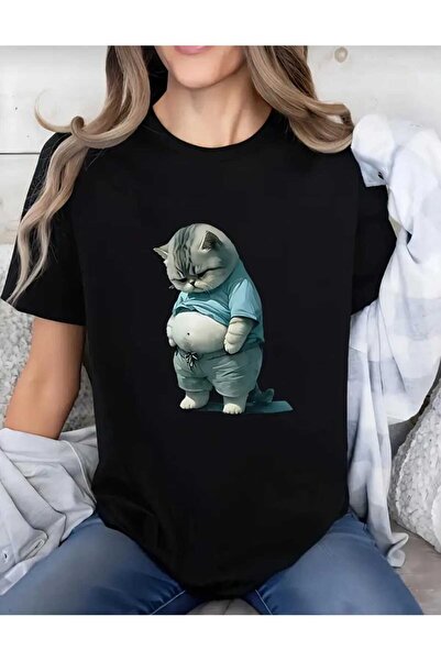 KOZİA OUTDOORS Γυναικείο μπλουζάκι από βαμβακερό oversize με στάμπα Fat Cat