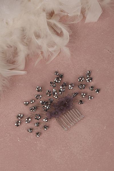 Hayalperest boncuk Bridal Hair Accessory - Gray Flower Beaded Comb Barrette